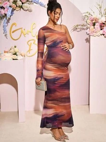 Loomaby Maternity Dresses,Gender Reveal Dress,Maternity Dress,Baby Shower Dress One Shoulder Maternity Dress Pregnancy Photoshoot Dress Maternity Dress Baby Shower - Brown - View 1