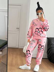 SHEIN 2件套青少年女孩休闲宽松花卉印花圆领运动衫和裤子套装 - 淺粉色 - 查看 6