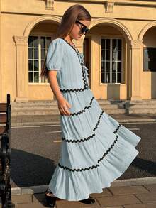 SHEIN Set 2 buc. Nova Glow pentru fete preadolescente, rochie elegantă în stil francez, cu mâneci tip felinar și volane, cu papion și fustă cu mâneci bufante