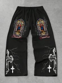 ROMWE MEN Street Life Pantalones deportivos rectos y sueltos cómodos para hombre con estampado de cruz y rayo, para otoño/invierno - Negro - Ver 1