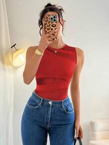 Rafferiza 优雅性感时尚黑色圆领无袖修身不对称几何网眼拼布针织女式紧身衣，春夏 - 紅色 - 查看 6