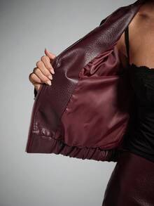 SHEIN BAE 秋冬女款纯色长袖拉链休闲 PU 皮夹克，秋季，酒红色皮夹克，皮夹克，女式时尚皮革夹克 - 酒紅色 - 查看 9