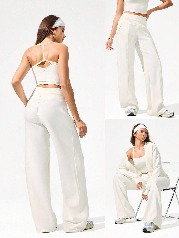 30'' Modal Fleece Wide Leg High Waist Adjustable Drawstring Waist Joggers Pants With Side Pockets Daily Casual Fall Winter