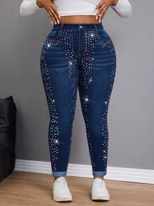 Slaydiva Quần jean bó sát đính đá thời trang cỡ lớn Quần jean lấp lánh Quần jean Diamante Quần jean cạp cao Quần jean đính đá Quần jean pha lê Quần jean denim và kim cương dành cho nữ Quần jean cạp cao đính đá lấp lánh - Rửa tối - Xem 4
