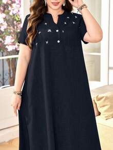 SHEIN Lacomfia 大码女式V领刺绣宽松休闲短袖衬衫裙 - 藏蓝色 - 查看 5
