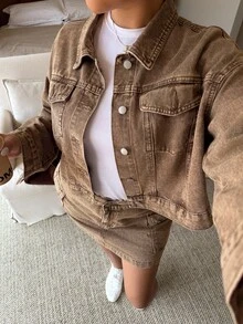 Dripcurv 大码女式浅棕色无弹力牛仔外套，休闲宽松版型，复古风格，适合新年穿着。 - 卡其色 - 查看 8