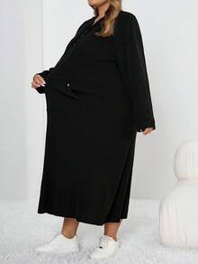 SHEIN CURVE+ Black Hooded Long Sleeve Button Collar Fitted Sweatshirt Dress, Casual All-Match Pocketed Sweatshirt Dress For Autumn/Winter - Black - View 6