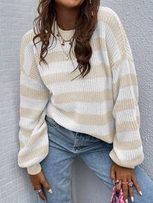 EMERY ROSE 休闲撞色条纹落肩宽松针织毛衣，秋季条纹毛衣女女士条纹套头衫条纹套头衫女士灯笼袖毛衣米色和白色条纹毛衣 - 彩色 - 查看 1