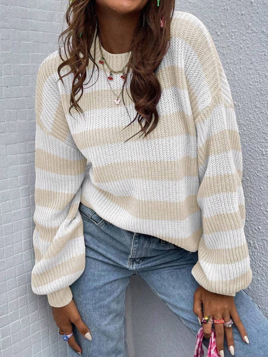 EMERY ROSE 休闲撞色条纹落肩宽松针织毛衣，秋季条纹毛衣女女士条纹套头衫条纹套头衫女士灯笼袖毛衣米色和白色条纹毛衣 - 彩色 - 查看 1