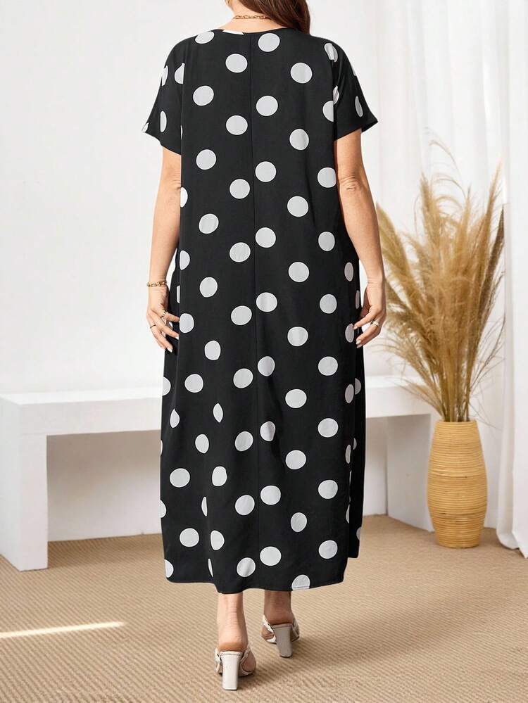 Plus Size Women'S Black And White Polka Dot Long Dress For Spring,Summer