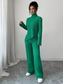 Elenzga 2件套女士高领毛衣+阔腿裤，宽松版型 - 綠色 - 查看 6