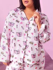 Mean Girls | SHEIN Plus Size Spring Fall Allover Print Lapel Collar Shirt & Pants Pajama Set, Fall Clothes, Cozy Outfit - Pink - View 6