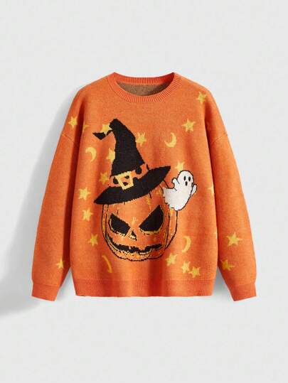 Women's Autumn Halloween Pumpkin, Ghost, Star Pattern Jacquard Pullover Sweater