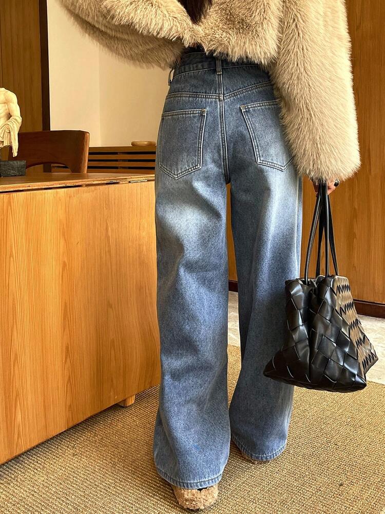 Women's Thick Thermal Lined Straight Leg Wide Leg Jeans, Slimming, Winter Thermal Lined