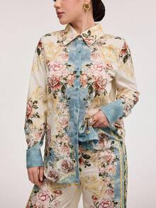 Veilorie 2pcs/Set Women Floral Print Long Sleeve Button Up Shirt And Wide Leg Pants Vacation Set 2 Pieces Set - Blue - View 7