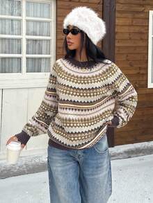 Muchica 女士休闲费尔岛毛衣，插肩袖圆领针织套头衫，舒适保暖秋季上衣，秋冬女式毛衣，圣诞节女装，新年装 - 彩色 - 查看 3