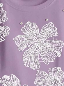 Everyssa Áo thun nữ cổ tròn tay ngắn raglan dệt kim co giãn họa tiết hoa rỗng đính hạt mùa hè - Màu tím hoa cà - Xem 5