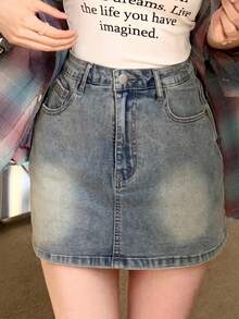 DAZY 女式牛仔连身裙，带盖前袋，休闲，短裙 - 藍色 - 查看 3