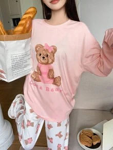 DAZY Cute Bear Print Loose Pajama Set, Fall Winter Clothes - Baby Pink - View 8