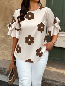 SHEIN LUNE Plus Size Women Floral Print Vacation Round Neck Flare Sleeve Bow Decor Fashion Blouse - Multicolor - View 3