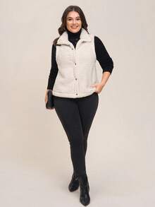 Comfylo 大码女式纯色单排扣休闲羊毛背心夹克，秋冬 - 杏色 - 查看 5