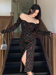 DAZY Váy midi hở vai họa tiết hoa xinh xắn dành cho nữ nhân ngày lễ tình nhân và trở lại trường - màu đen - Xem 6