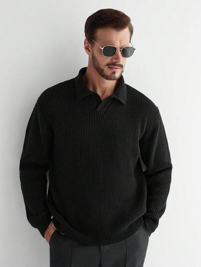 Manfinity CityGents Suéter holgado de punto de manga larga con cuello vuelto de unicolor para hombre, otoño, Old Money