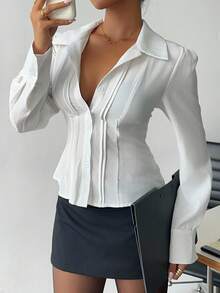 Siren Gaze 2025 New Women's Casual White Fitted Waist Striped Long Sleeve Shirt Blouses For Women Women's Long Sleeve Striped Waist Shirt Blouse Winter - White - View 2