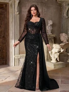 Aureia Vestido elegante y lujoso de talla grande con mangas largas transparentes, bordado, encaje con lentejuelas, satén con empalme, abertura sexy de cola de pez con volante lateral, adecuado para bodas, fiestas de solteros, vacaciones, bailes, ocasiones formales (resistente)