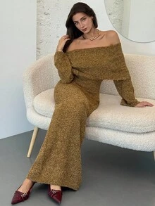 Aloruh Women's Elegant Mustard Yellow Sweater Dress,Off Shoulder Large Lapel Long Sleeve Slim Fit Solid Color Knit Dresses For Autumn Date Night Clothing - Green - View 4