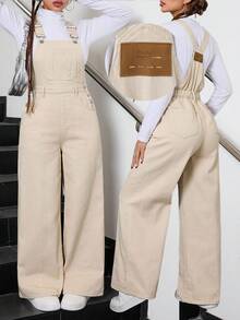 SHEIN Overoles sueltos de mezclilla color albaricoque para ropa de adolescente, diseño de etiqueta con estilo callejero vintage y retro Y2K para ropa casual y de uso diario, así como atuendos de rave y festivales para adolescentes en invierno y otoño - Albaricoque - Ver 6