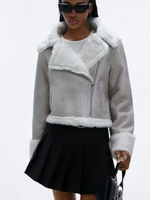 GENKIRA Fuzzy Lined Zip Up Lapel Collar Jacket - Grey - View 5