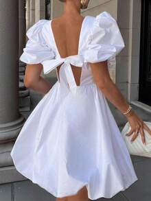 INAWLY 女士简约纯色优雅羊腿袖迷你连衣裙 - 白色 - 查看 1