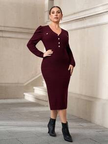 Chikora Plus Size Women Burgundy V-Neck Puff Sleeve Fitted Knit Midi Dress,Autumn Curve Elegant Cocktail Bodycon Ribbed Long Sleeve Work Office Wear Outfits - Burgundy - View 5