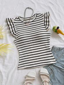 Soleia Women's Casual Colorblock Striped Ruffle Sleeve T-Shirt, Suitable For Party, Christmas, Date, Nightclub, Bohemian, Boho, Vacation, Fall