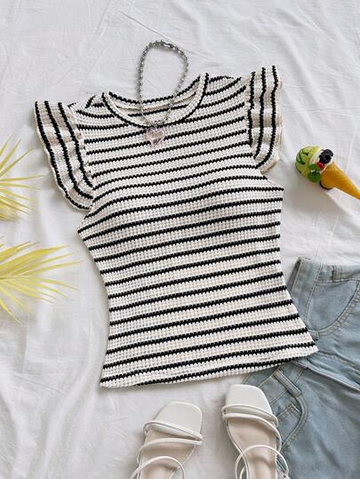 Soleia 女士休闲拼色条纹荷叶边袖 T 恤，适合派对、圣诞节、约会、夜店、波西米亚风、波西米亚风、度假、秋季