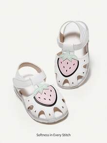 Cozy Pixies Girls' Strawberry Decor Sweet & Cute Soft Bottom Versatile Princess Sandals, Side Buckle & Hook And Loop Design, Suitable For Summer Wear - White - View 1