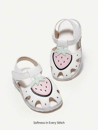 Cozy Pixies Strawberry Decor Sweet And Cute Soft Bottom Versatile Girls' Princess Sandals With Side Buckle & Hook And Loop Closure, Suitable For Summer