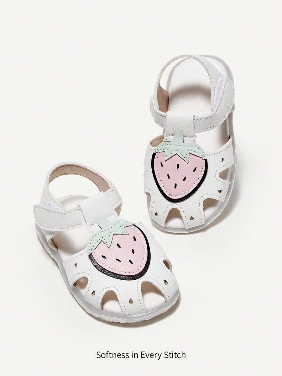Cozy Pixies Girls' Strawberry Decor Sweet & Cute Soft Bottom Versatile Princess Sandals, Side Buckle & Hook And Loop Design, Suitable For Summer Wear - White - View 1