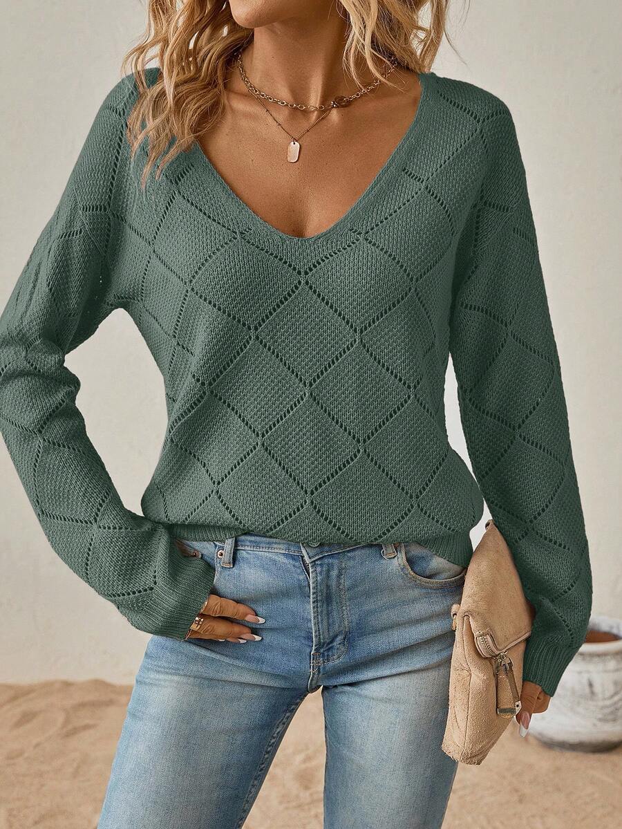 Maglione casual lavorato a maglia con scollo a V e maniche a raglan, colore unito, ampio e comodo, da donna