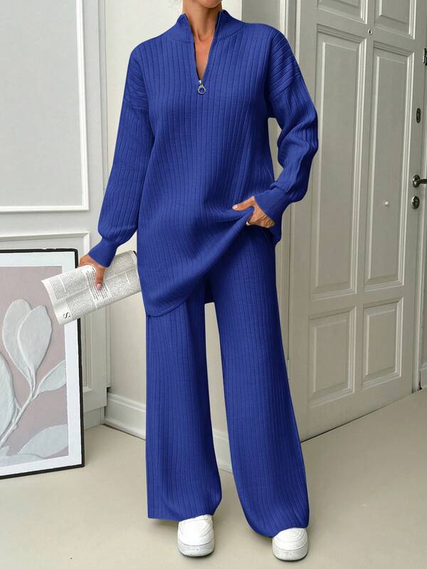 EURMUSE 2pcs Vintage Texture Knit Set: White Half-Zip Long Sleeve Sweatshirt & Matching Piece