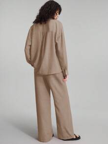 Ontre 2025 秋季女式两件套服装，搭配家居服，海滩度假装，长裤+长袖衬衫套装，音乐节派对商务休闲办公室优雅衬衫 - 卡其色 - 查看 7