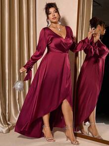 Cravure Váy maxi xếp ly dài tay màu đỏ rượu vang sang trọng, thanh lịch cỡ lớn - Màu Đỏ Sâu - Xem 4