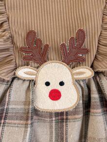 SHEIN 1件女婴格子驯鹿圣诞连体衣，圆领荷叶袖长袖动物鹿刺绣连体衣，配发带，韩版休闲抓绒保暖，适合日常外出或圣诞新年穿着，秋冬新款 - 卡其色 - 查看 5