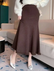 DAZY 女士优雅纯色鱼尾流苏毛衣裙，秋冬女装半身裙 - 咖啡棕 - 查看 4