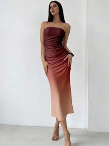 Aloruh 秋冬女士性感露肩中长款修身渐变酒红色连衣裙，优雅适合约会、派对、婚礼、舞会和俱乐部活动 - 白色 - 查看 2