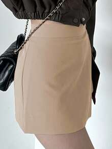 DAZY Women's Elegant Solid Color Side Slit Skort For Summer - Apricot - View 2