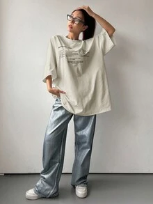 DAZY 女式夏季宽松圆领短袖 T 恤，带标语印花，KEEP MOVING FORWARD 超大码 T 恤，图案 T 恤 - 杏色 - 查看 5