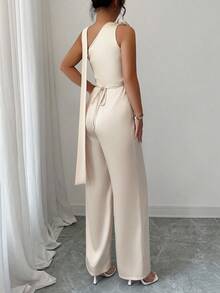 Elenzga 女士优雅连体裤，肩部镂空，腰部收紧，3D 花卉装饰，适合通勤、约会、休闲外出、日常穿着，采用光泽斜纹面料制成 - 杏色 - 查看 2