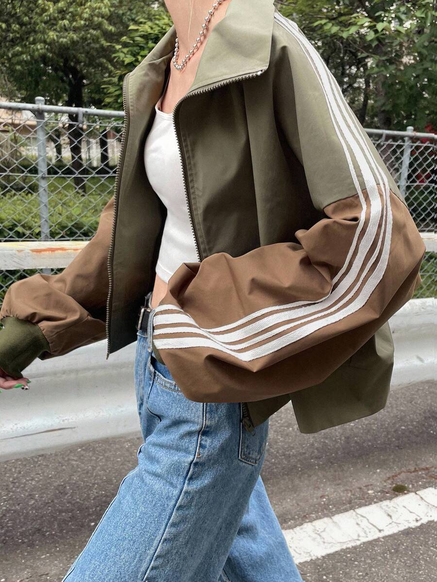 FRIFUL Women's Fall Contrast Side Stripe Casual Daily Loose Fit Long Sleeve Jacket,Back To School